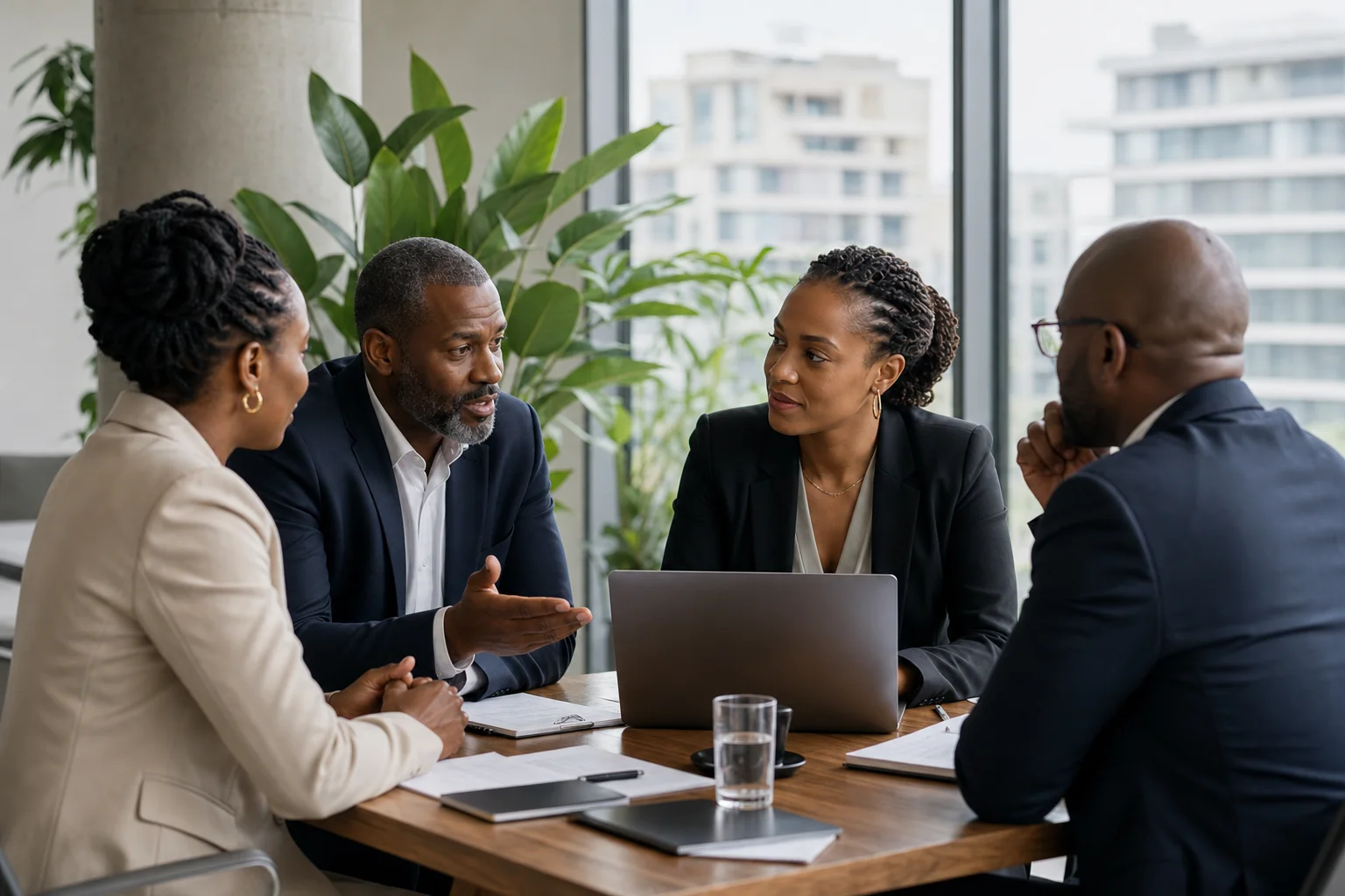 HDFI consultants collaborating around a meeting table